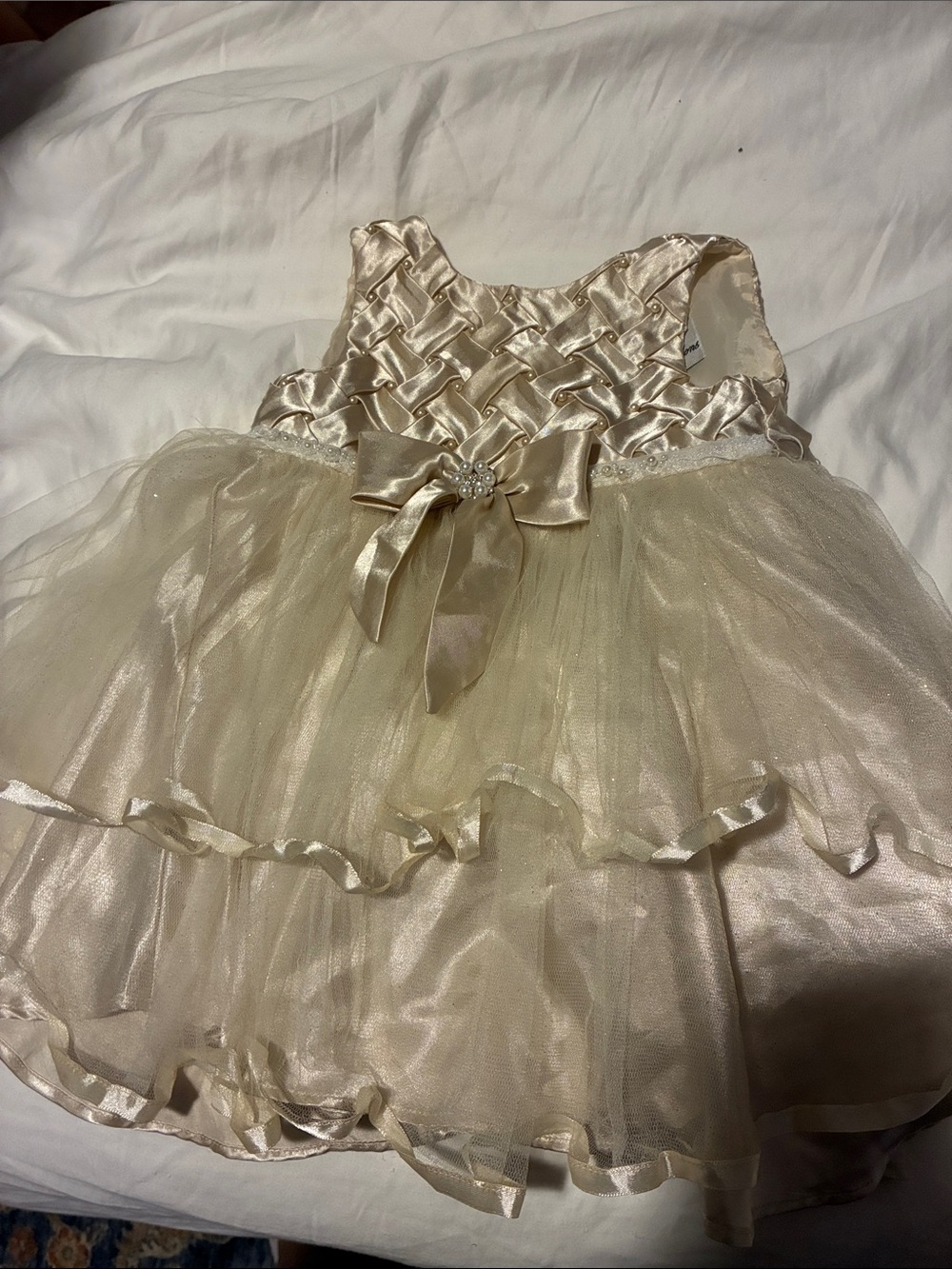 Rare Editions Ivory Satin Dress with Bow Accent